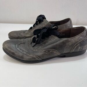 BORN Women 11 KIKA Charcoal Oxfords Leather Velvet Lace Up Wingtip Shoes Preppy